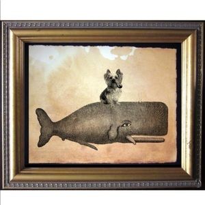 Yorkie Dog Riding Whale Art Print Tea Stained